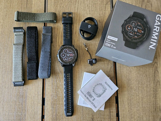 Garmin Fenix 8 Saphire Solar DLC Titanium Carbon Gray Watch 47mm With Extras